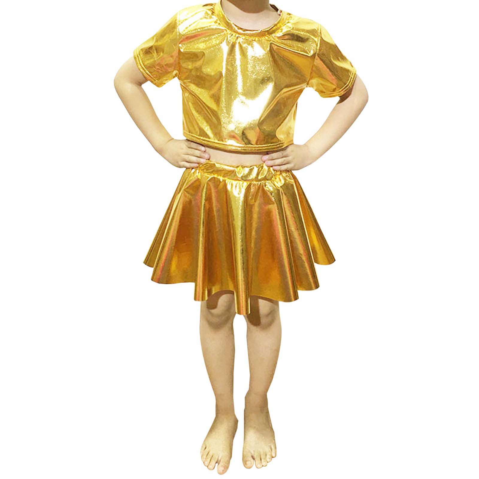 LUOGENLI Dress for Girls Kids Stage Performance Puffy Dress Shiny Pleated Skirt Short Skirt for Dance Recital Girls Easter Dresses Easter Dresses for Girls 5-6 Formal Gold S